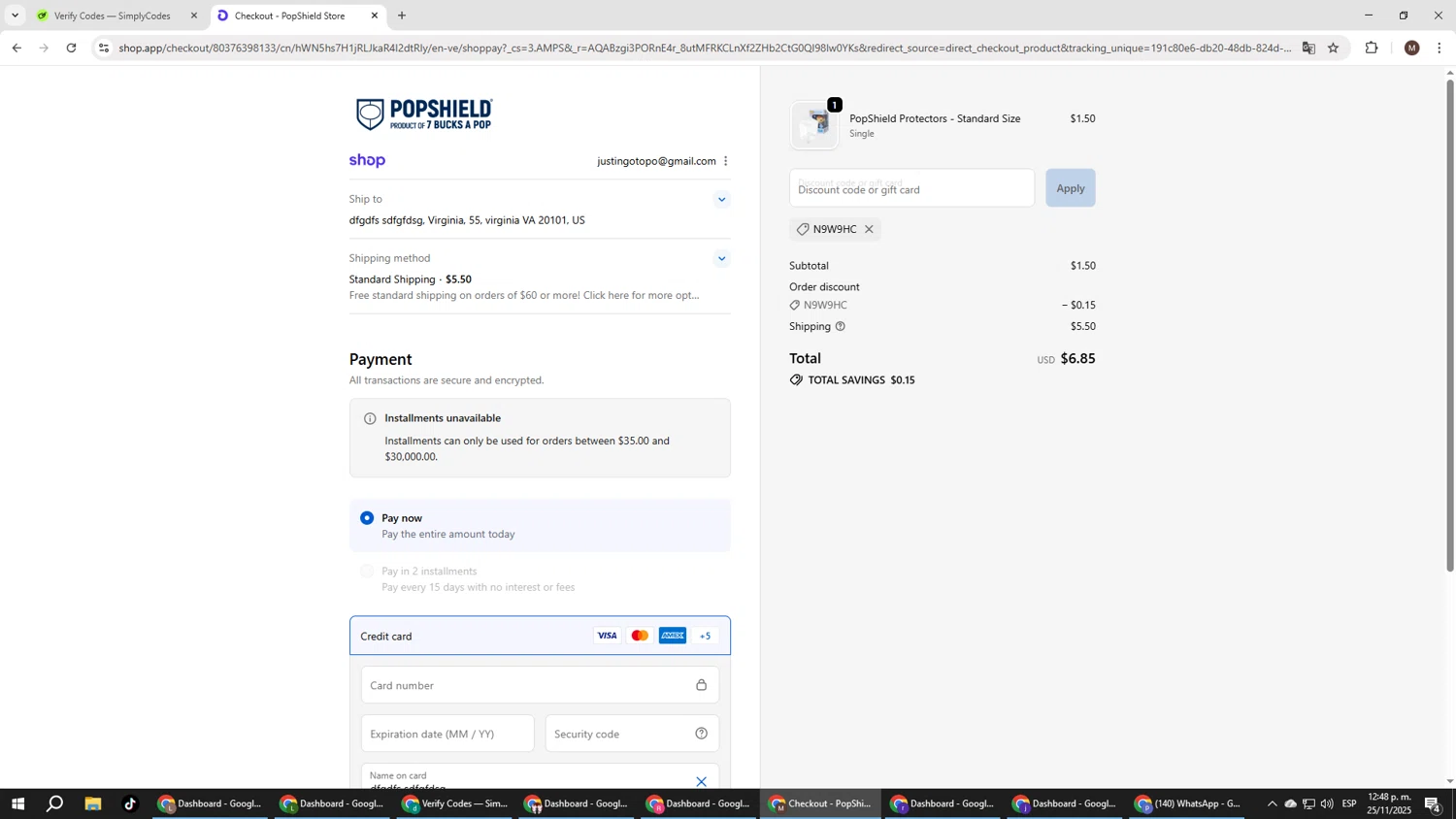 PopShield discount code screenshot showing code N9W9HC applied at PopShield checkout page. Uploaded by SimplyCodes community member KTMCRF on Nov 25, 2025