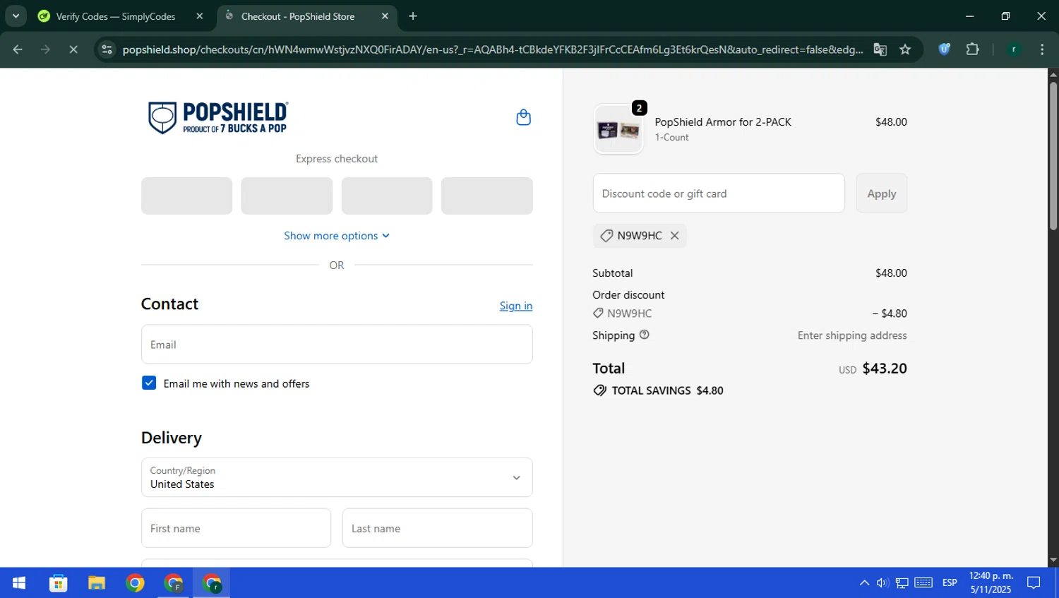 PopShield discount code screenshot showing code N9W9HC applied at PopShield checkout page. Uploaded by SimplyCodes community member rodri1 on Nov 5, 2025