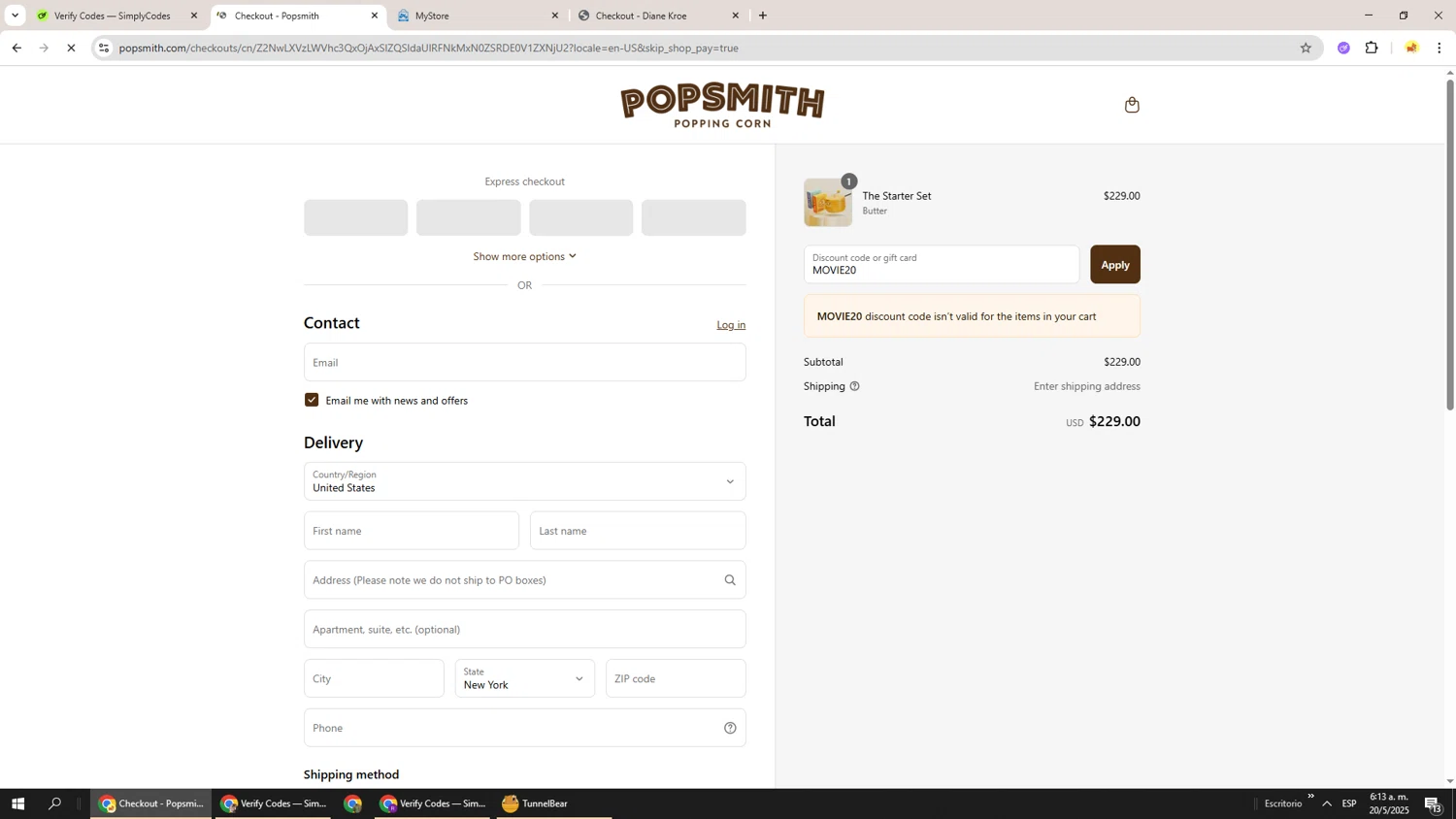 Popsmith coupon code screenshot showing code MOVIE20 applied at Popsmith checkout page. Uploaded by SimplyCodes community member Richard251 on May 20, 2025