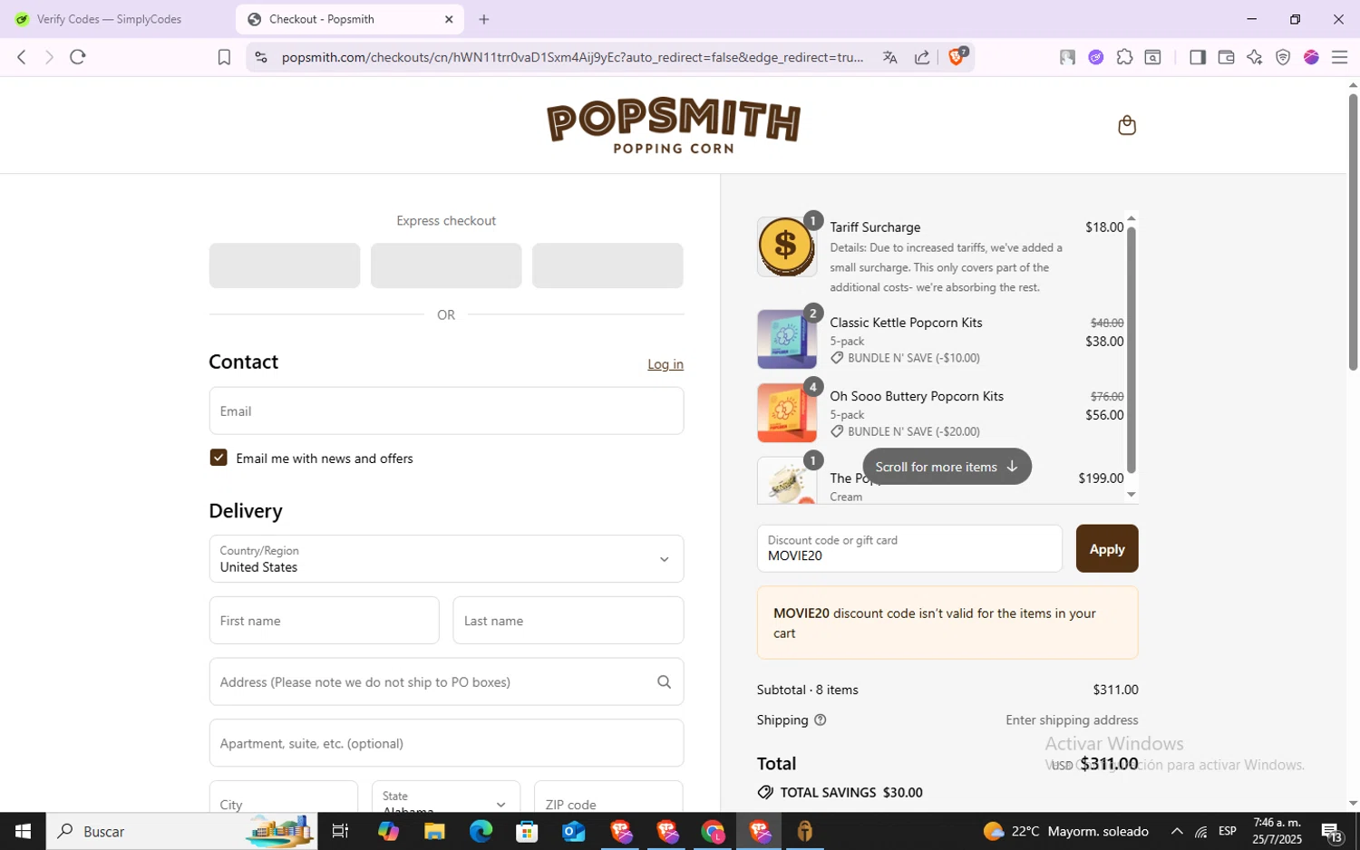 Popsmith coupon code screenshot showing code MOVIE20 applied at Popsmith checkout page. Uploaded by SimplyCodes community member VoucherSpotter6910 on Jul 25, 2025