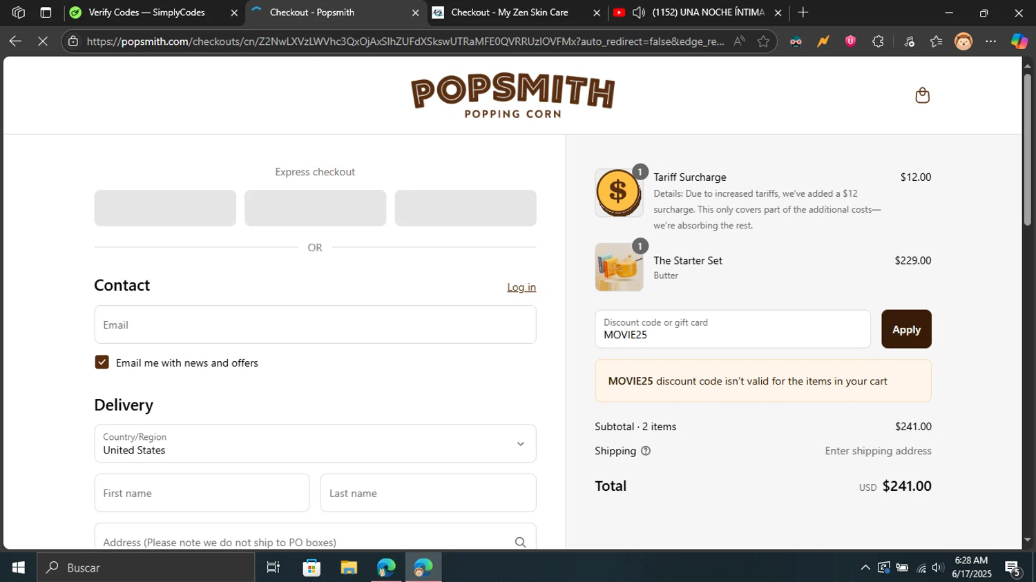 Popsmith coupon code screenshot showing code MOVIE25 applied at Popsmith checkout page. Uploaded by SimplyCodes community member Blackleg_Sanji on Jun 17, 2025