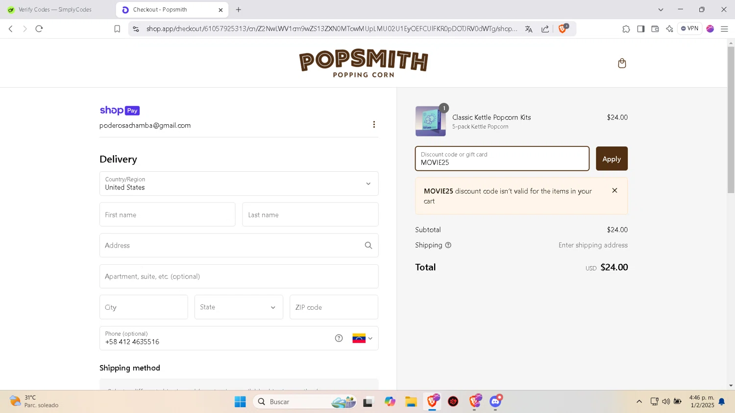 Popsmith coupon code screenshot showing code MOVIE25 applied at Popsmith checkout page. Uploaded by SimplyCodes community member esperanza on Feb 1, 2025