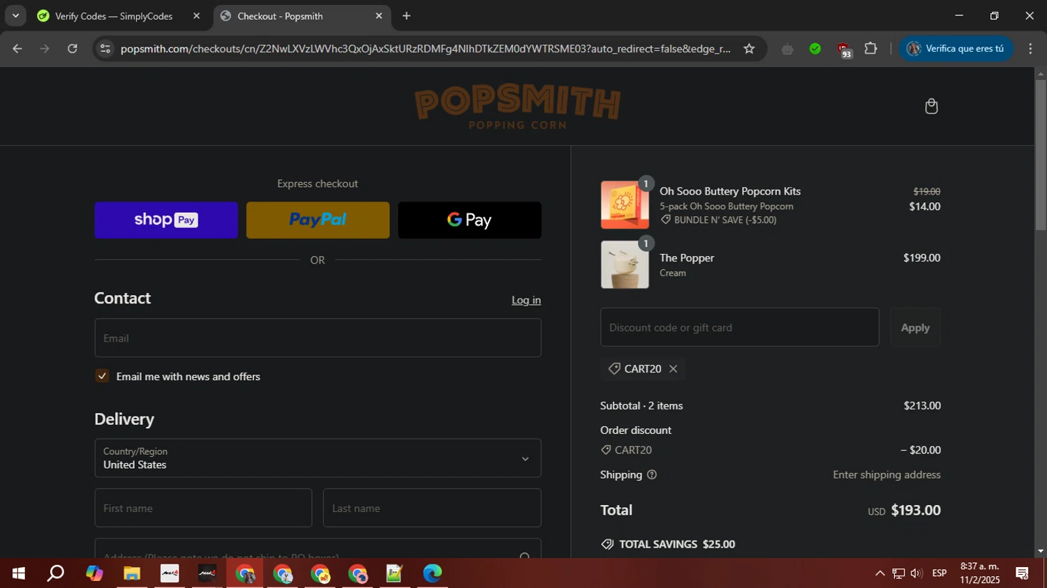 Popsmith coupon code screenshot showing code CART20 applied at Popsmith checkout page. Uploaded by SimplyCodes community member PrimeTiger1163 on Feb 11, 2025