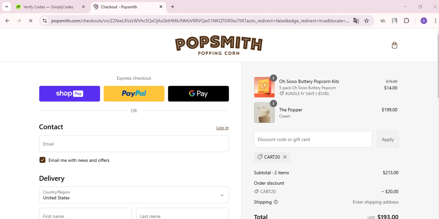 Popsmith coupon code screenshot showing code CART20 applied at Popsmith checkout page. Uploaded by SimplyCodes community member ShieldCurator2100 on Feb 7, 2025
