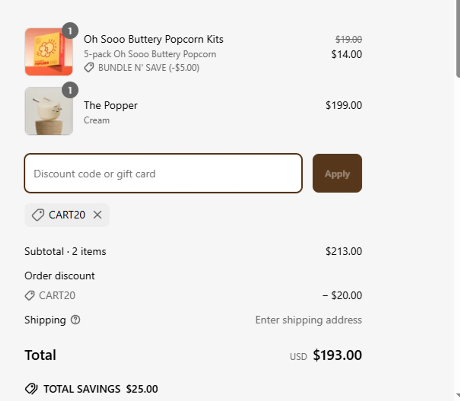 Popsmith coupon code screenshot showing code CART20 applied at Popsmith checkout page. Uploaded by SimplyCodes community member RewardCurator5232 on Mar 20, 2025