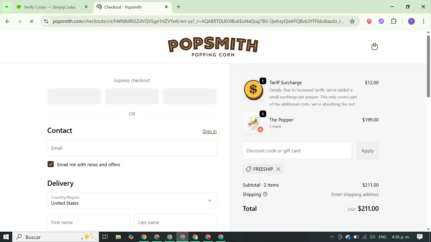 Popsmith promo code screenshot showing code FREESHIP applied at Popsmith checkout page. Uploaded by SimplyCodes community member FortunateCurator5882 on Feb 10, 2026