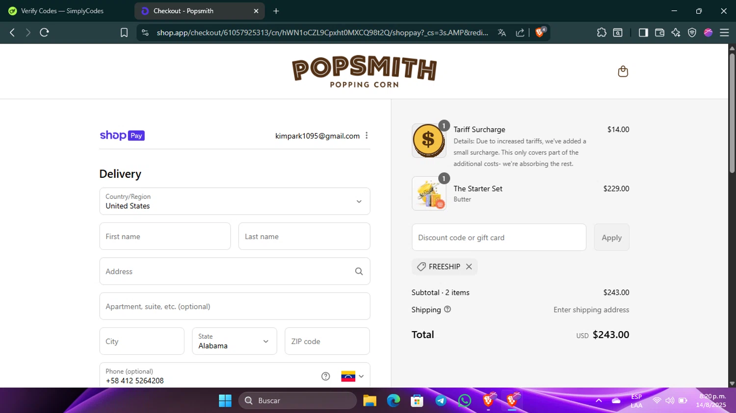 Popsmith coupon code screenshot showing code FREESHIP applied at Popsmith checkout page. Uploaded by SimplyCodes community member Guacamole_Picante on Aug 15, 2025