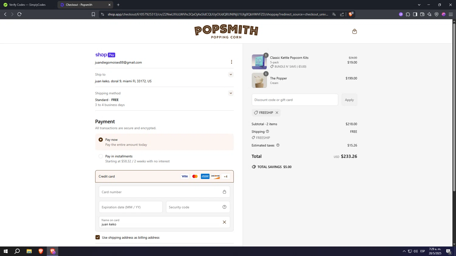 Popsmith coupon code screenshot showing code FREESHIP applied at Popsmith checkout page. Uploaded by SimplyCodes community member Monitos on May 28, 2025
