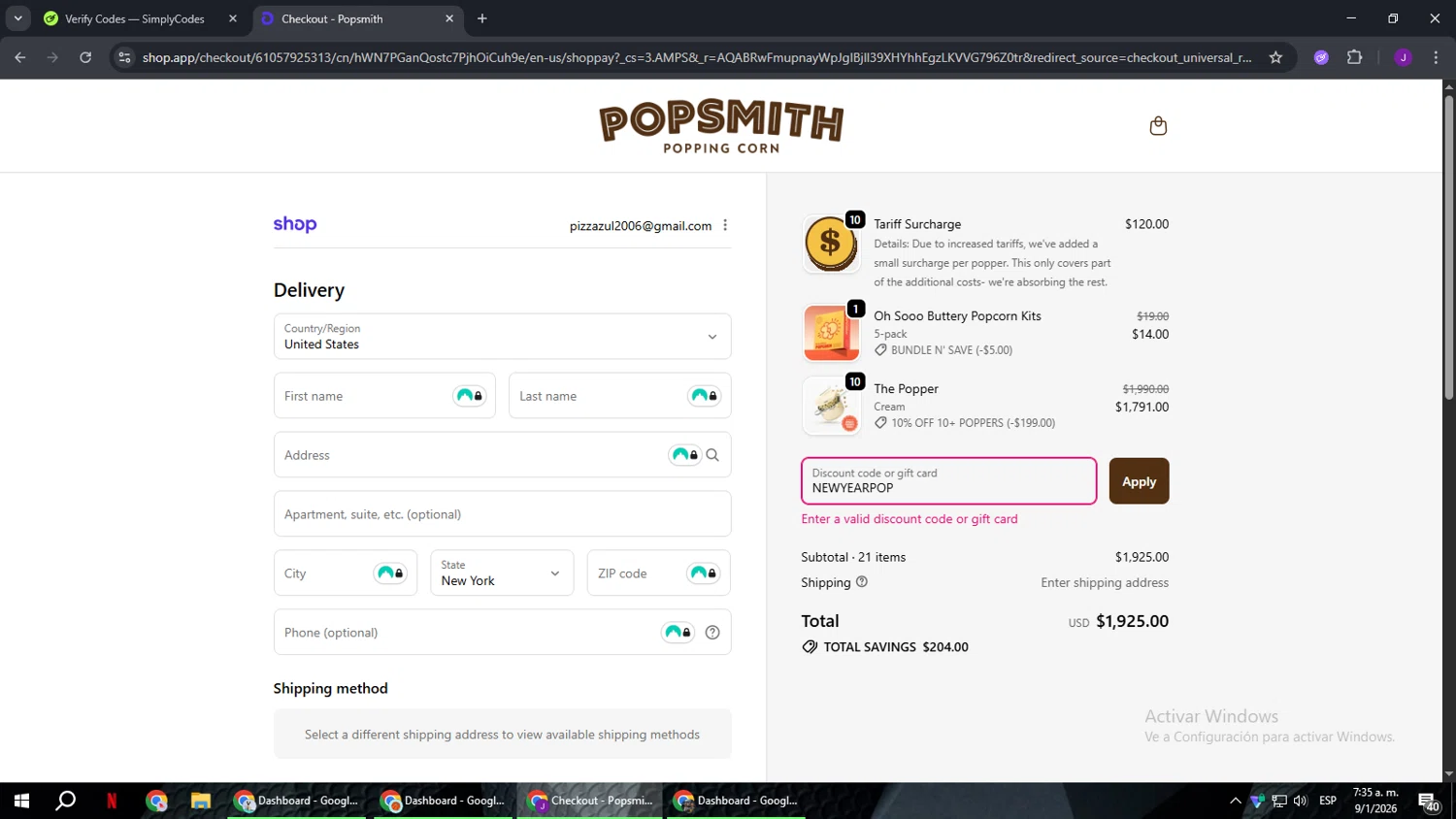 Popsmith coupon code screenshot showing code NEWYEARPOP applied at Popsmith checkout page. Uploaded by SimplyCodes community member ComeBurra123 on Jan 9, 2026