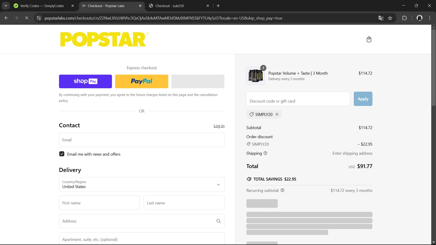 Popstar Labs discount code screenshot showing code SIMPLY20 applied at Popstar Labs checkout page. Uploaded by SimplyCodes community member ArthurMorgan on Feb 26, 2025