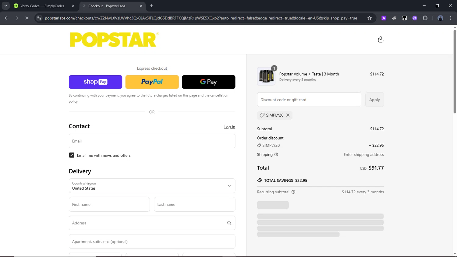 Popstar Labs discount code screenshot showing code SIMPLY20 applied at Popstar Labs checkout page. Uploaded by SimplyCodes community member Time_sin_filtro on Mar 30, 2025