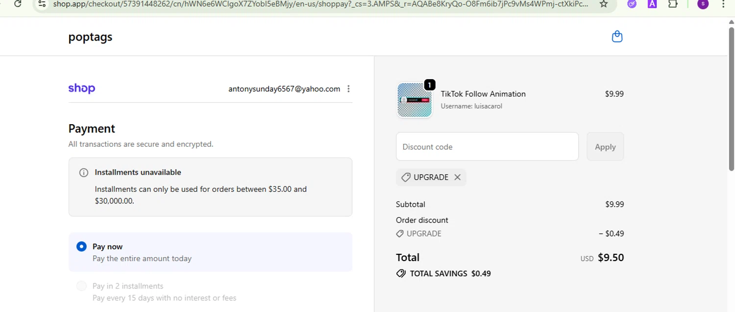 Poptags promo code screenshot showing code UPGRADE applied at Poptags checkout page. Uploaded by SimplyCodes community member Lamadama on Dec 20, 2025