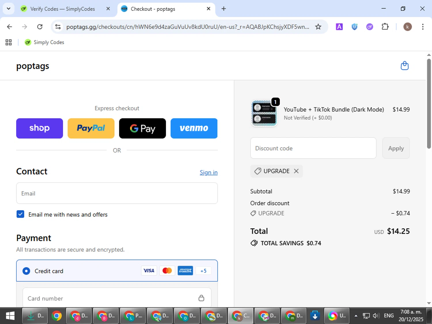 Poptags promo code screenshot showing code UPGRADE applied at Poptags checkout page. Uploaded by SimplyCodes community member RewardRanger298 on Dec 20, 2025