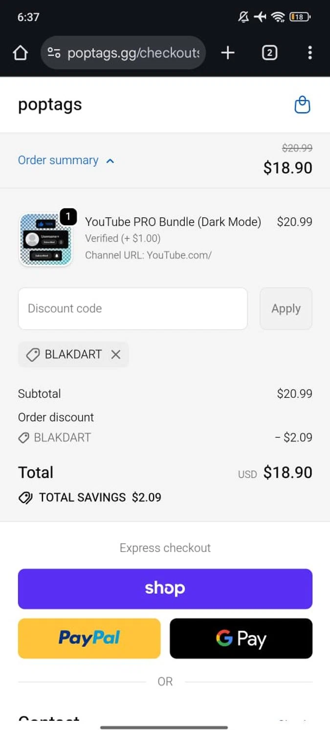 Poptags promo code screenshot showing code BLAKDART applied at Poptags checkout page. Uploaded by SimplyCodes community member RoyalSpotter5217 on Feb 6, 2026