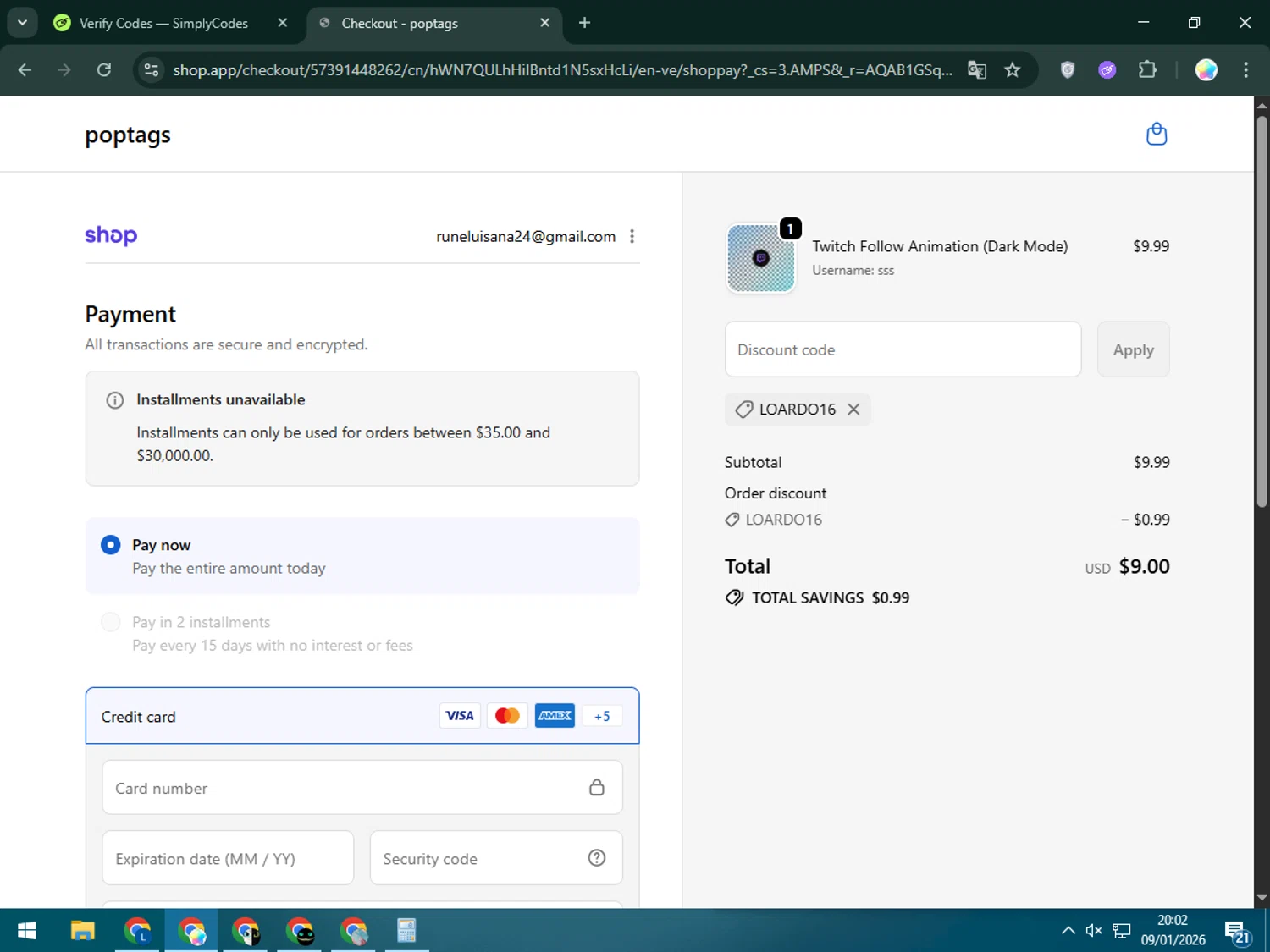 Poptags promo code screenshot showing code loardo16 applied at Poptags checkout page. Uploaded by SimplyCodes community member Estrellitacoairis on Jan 10, 2026