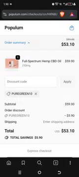 PUREGREEN10 coupon verification screenshot