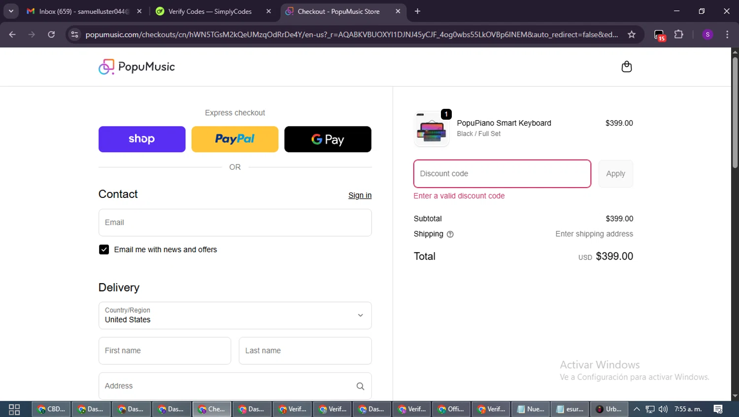 PopuMusic promo code screenshot showing code huecoprods applied at PopuMusic checkout page. Uploaded by SimplyCodes community member ShieldWarden7838 on Nov 19, 2025