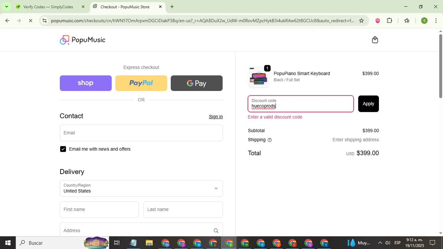 PopuMusic promo code screenshot showing code huecoprods applied at PopuMusic checkout page. Uploaded by SimplyCodes community member ValiantMaestro6680 on Nov 19, 2025