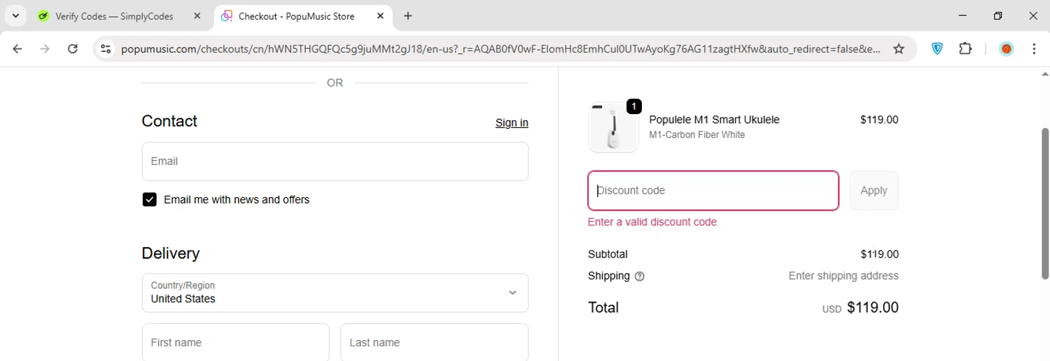 PopuMusic promo code screenshot showing code huecoprods applied at PopuMusic checkout page. Uploaded by SimplyCodes community member luispepe on Nov 19, 2025