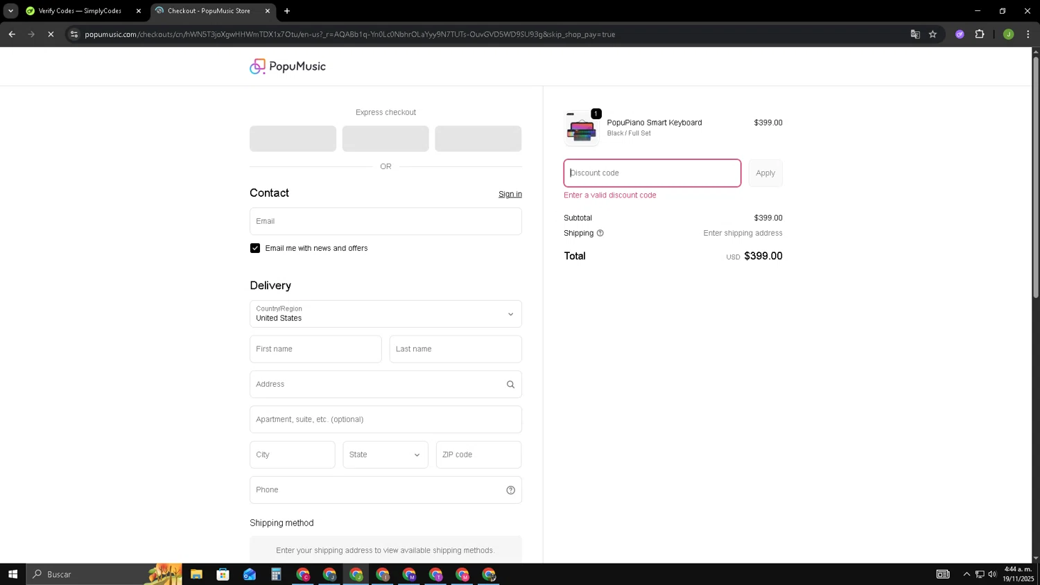 PopuMusic promo code screenshot showing code TECHNOLIEBE applied at PopuMusic checkout page. Uploaded by SimplyCodes community member SAIKOO on Nov 19, 2025