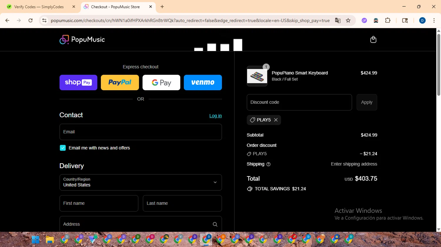 PopuMusic promo code screenshot showing code PLAY5 applied at PopuMusic checkout page. Uploaded by SimplyCodes community member DealVoyager8768 on Aug 8, 2025