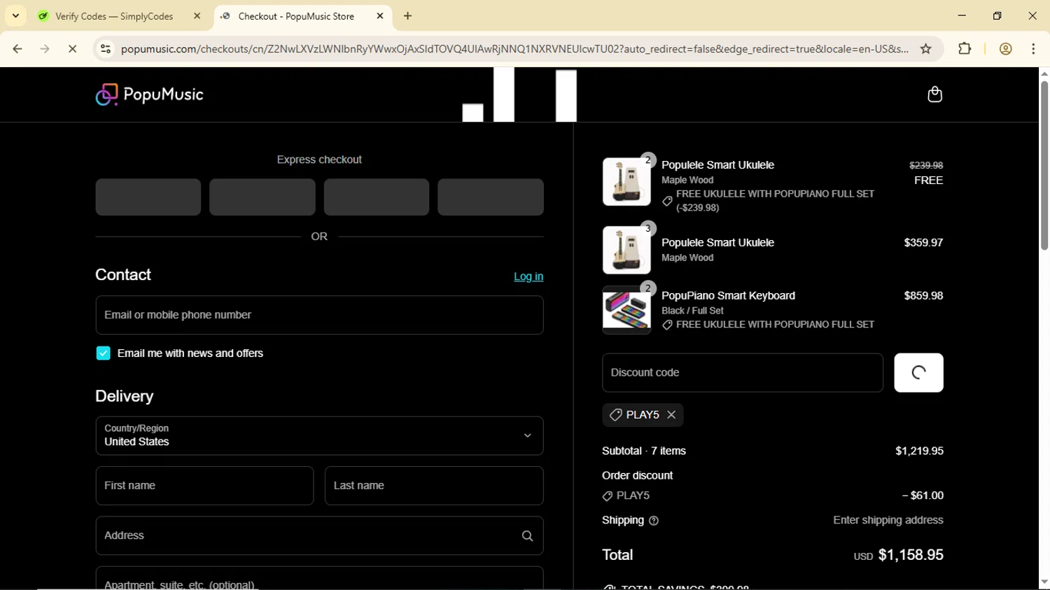 PopuMusic promo code screenshot showing code PLAY5 applied at PopuMusic checkout page. Uploaded by SimplyCodes community member Luisitoxd12 on Jun 2, 2025