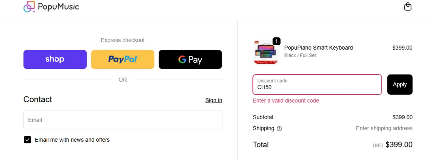 PopuMusic promo code screenshot showing code CH50 applied at PopuMusic checkout page. Uploaded by SimplyCodes community member fettywap on Dec 10, 2025