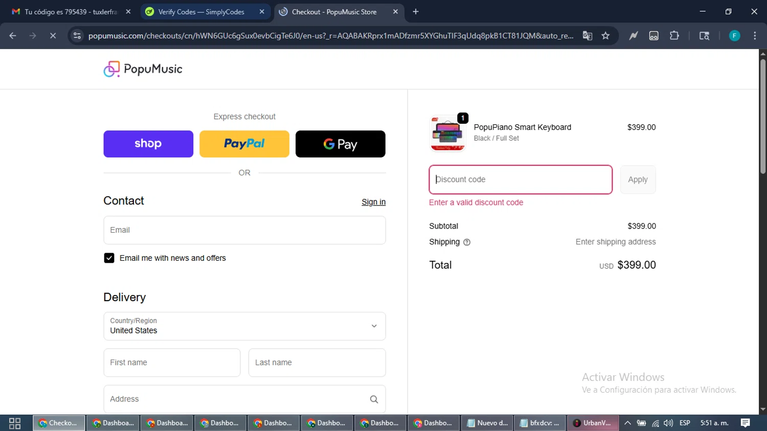 PopuMusic promo code screenshot showing code CH50 applied at PopuMusic checkout page. Uploaded by SimplyCodes community member ShrewdTitan3233 on Dec 10, 2025