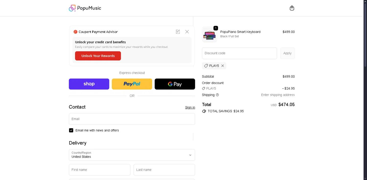 PopuMusic promo code screenshot showing code PLAY5 applied at PopuMusic checkout page. Uploaded by SimplyCodes community member Serdanvz on Dec 29, 2025