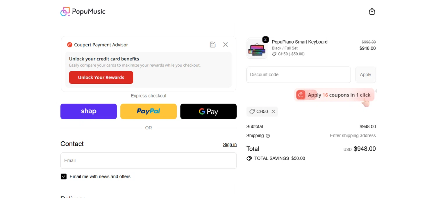 PopuMusic promo code screenshot showing code CH50 applied at PopuMusic checkout page. Uploaded by SimplyCodes community member bettercallkim on Dec 4, 2025