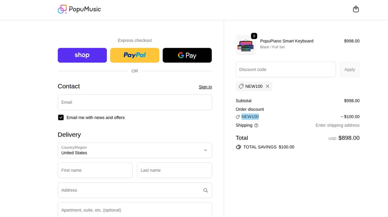 PopuMusic promo code screenshot showing code NEW100 applied at PopuMusic checkout page. Uploaded by SimplyCodes community member reimalave10 on Dec 24, 2025