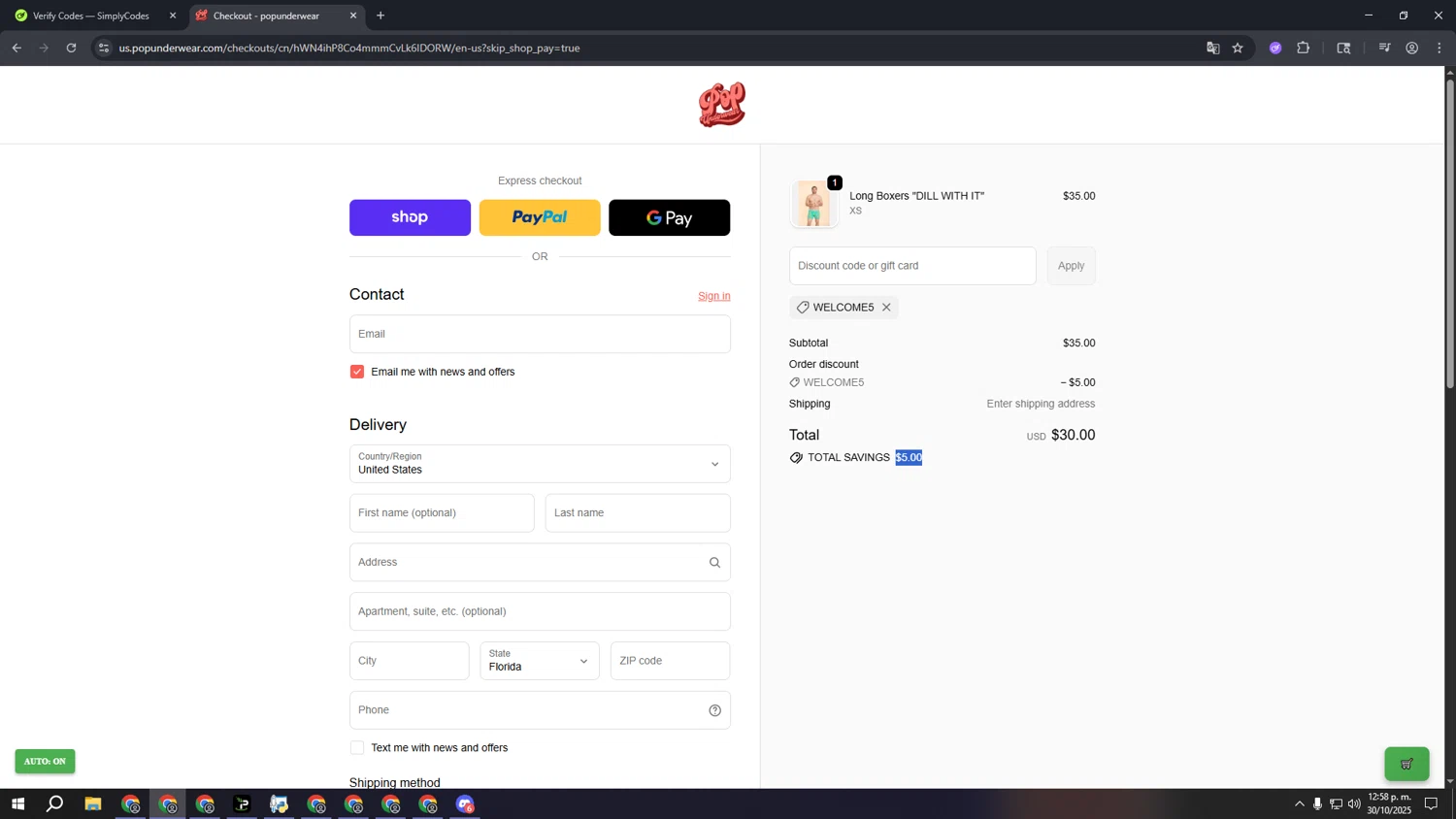Popunderwear promo code screenshot showing code WELCOME5 applied at Popunderwear checkout page. Uploaded by SimplyCodes community member ooooooooooooooooooo on Oct 30, 2025