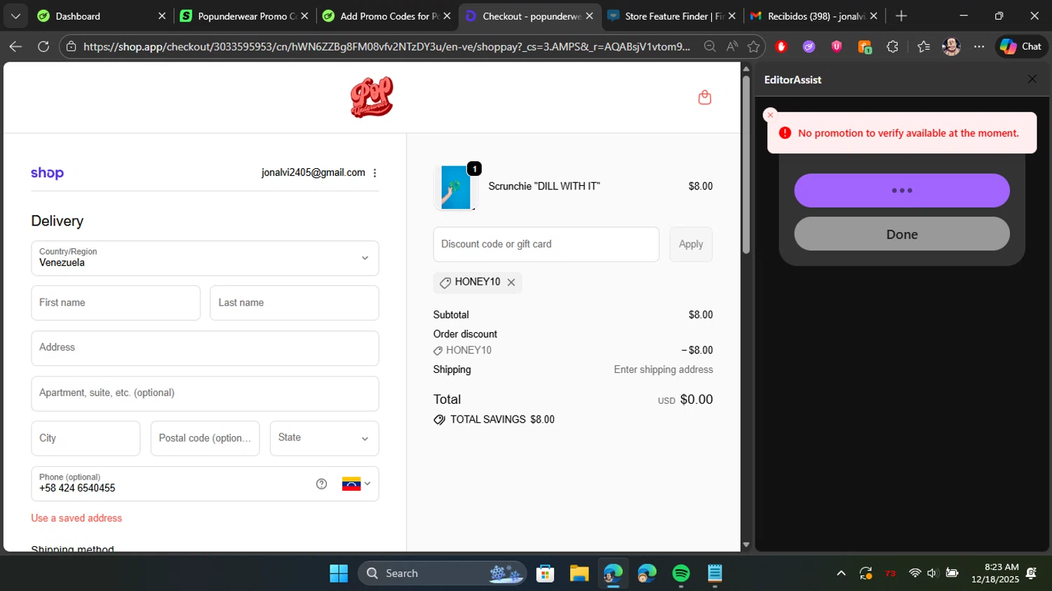 Popunderwear promo code screenshot showing code honey10 applied at Popunderwear checkout page. Uploaded by SimplyCodes community member Blackleg_Sanji on Dec 18, 2025