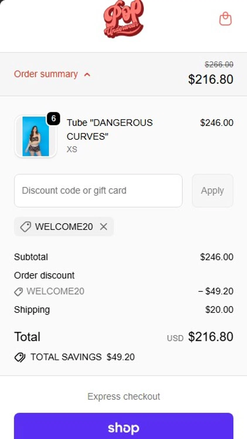Popunderwear promo code screenshot showing code WELCOME20 applied at Popunderwear checkout page. Uploaded by SimplyCodes community member RonaldoM32 on Sep 30, 2025