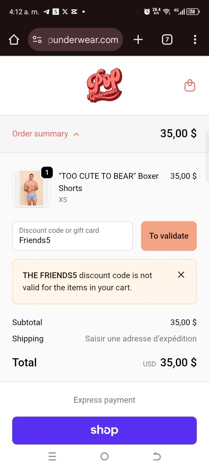 Popunderwear promo code screenshot showing code Friends5 applied at Popunderwear checkout page. Uploaded by SimplyCodes community member kellymoreno on Nov 12, 2025