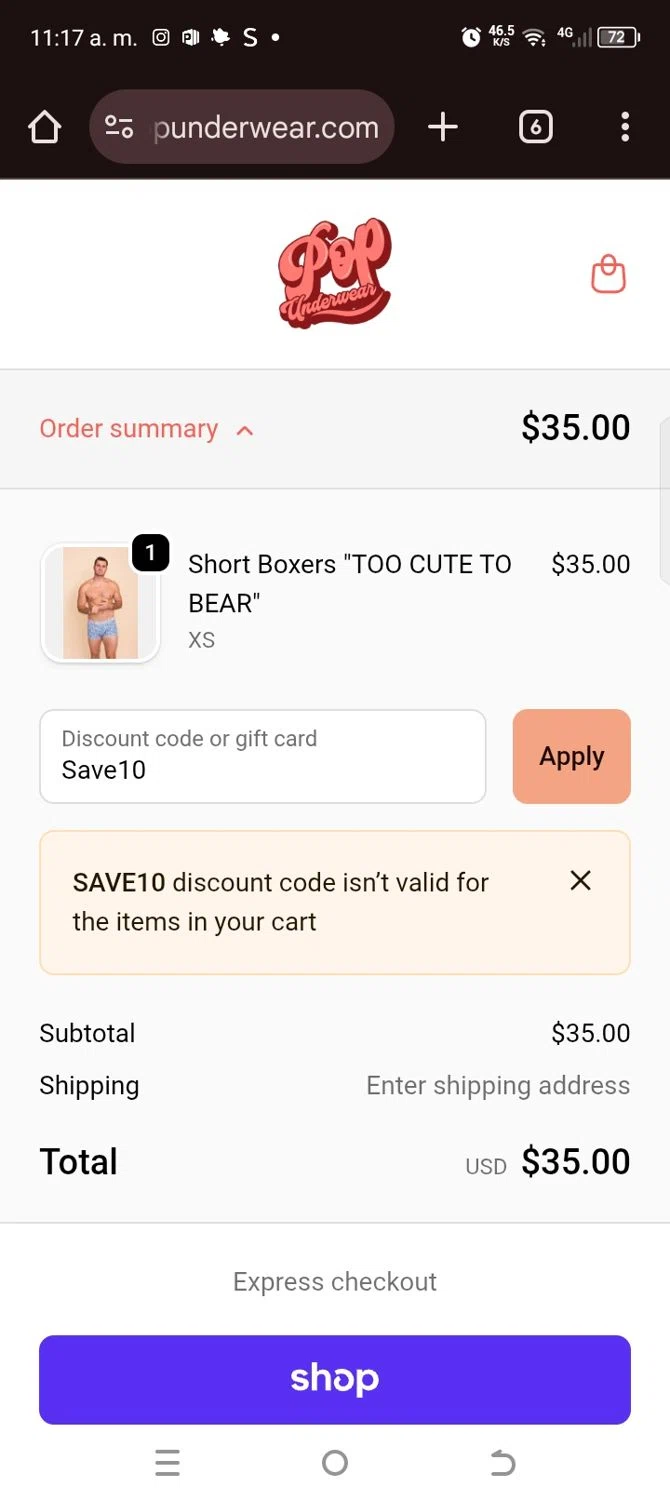 Popunderwear promo code screenshot showing code Save10 applied at Popunderwear checkout page. Uploaded by SimplyCodes community member kellymoreno on Nov 11, 2025