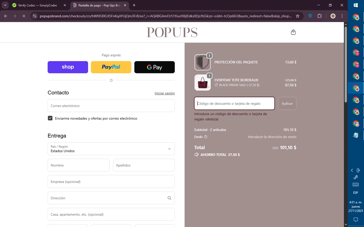 PopUps promo code screenshot showing code 30%OFF applied at PopUps checkout page. Uploaded by SimplyCodes community member PromoVoyager8446 on Nov 27, 2025