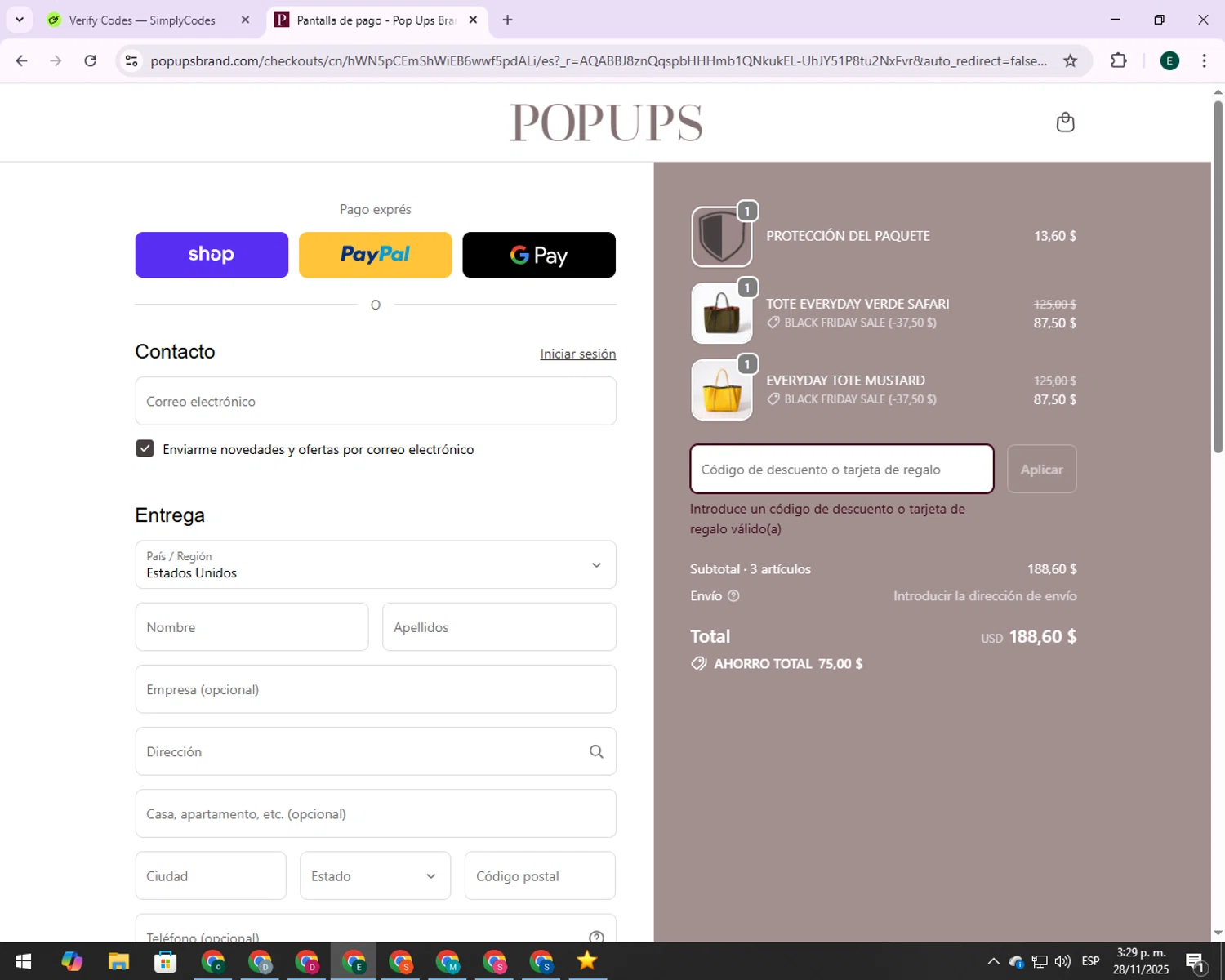 PopUps promo code screenshot showing code POPUPS applied at PopUps checkout page. Uploaded by SimplyCodes community member 00000006 on Nov 28, 2025