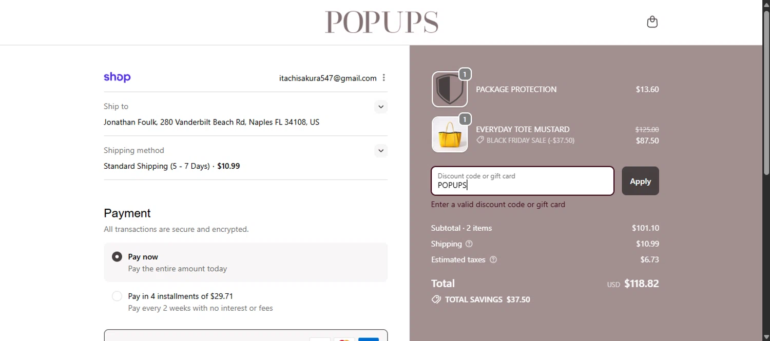 PopUps promo code screenshot showing code POPUPS applied at PopUps checkout page. Uploaded by SimplyCodes community member noworries on Nov 28, 2025