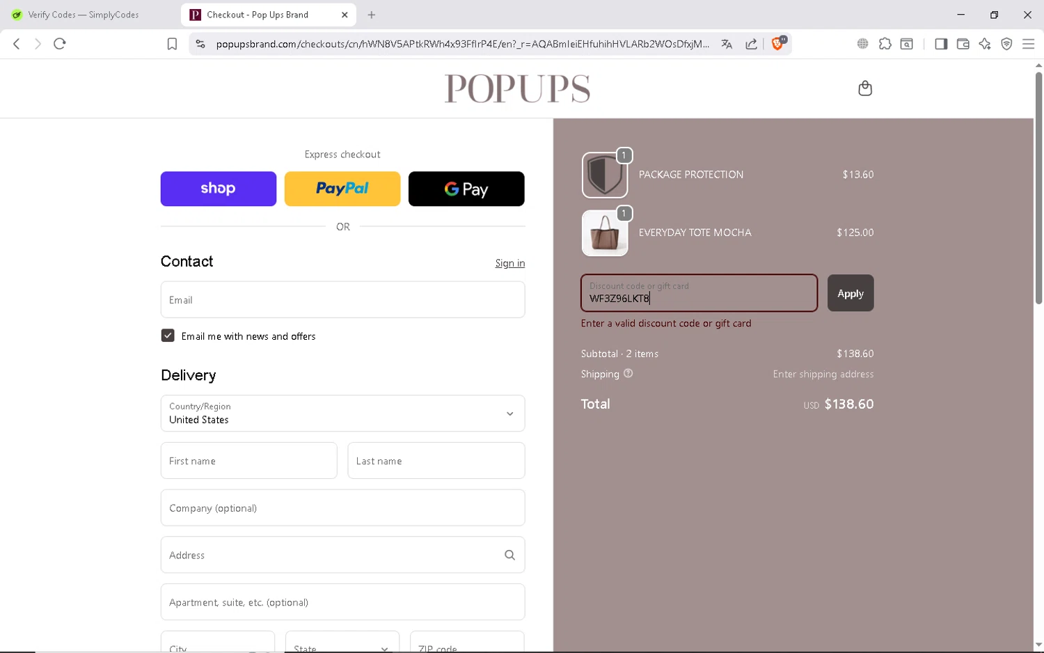 PopUps promo code screenshot showing code WF3Z96LKT8 applied at PopUps checkout page. Uploaded by SimplyCodes community member ShieldAdmiral6835 on Feb 7, 2026