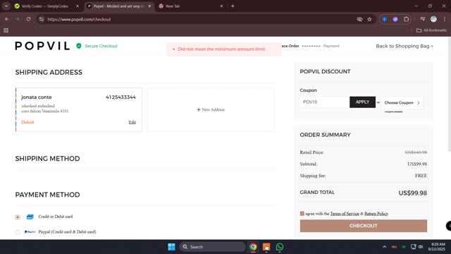 Popvil checkout page showing Popvil coupon code box | Screenshot taken by SimplyCodes community member on Aug 23, 2025