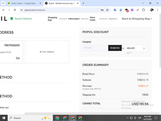 Popvil checkout page showing Popvil coupon code box | Screenshot taken by SimplyCodes community member on Aug 23, 2025