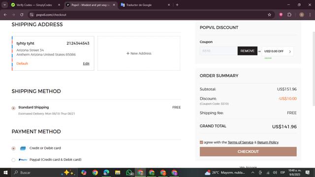 Popvil checkout page showing Popvil coupon code box | Screenshot taken by SimplyCodes community member on Aug 9, 2025