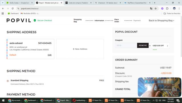 Popvil checkout page showing Popvil coupon code box | Screenshot taken by SimplyCodes community member on Sep 7, 2025