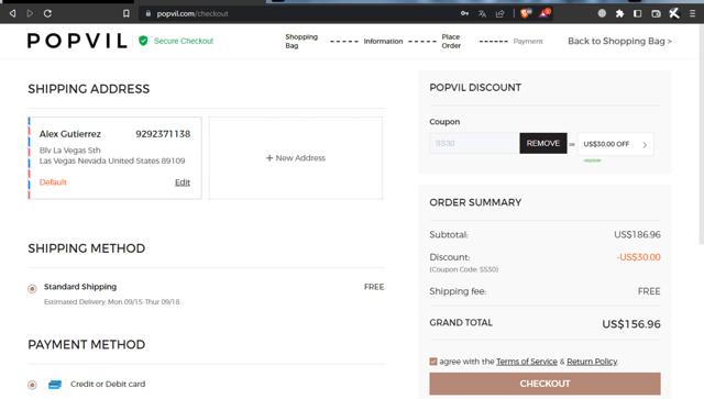 Popvil checkout page showing Popvil coupon code box | Screenshot taken by SimplyCodes community member on Sep 7, 2025