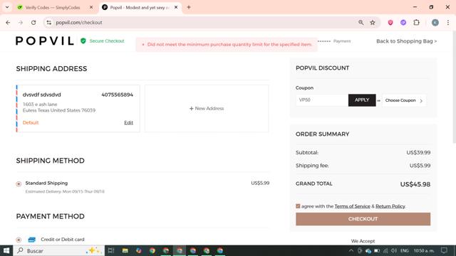 Popvil checkout page showing Popvil coupon code box | Screenshot taken by SimplyCodes community member on Sep 6, 2025
