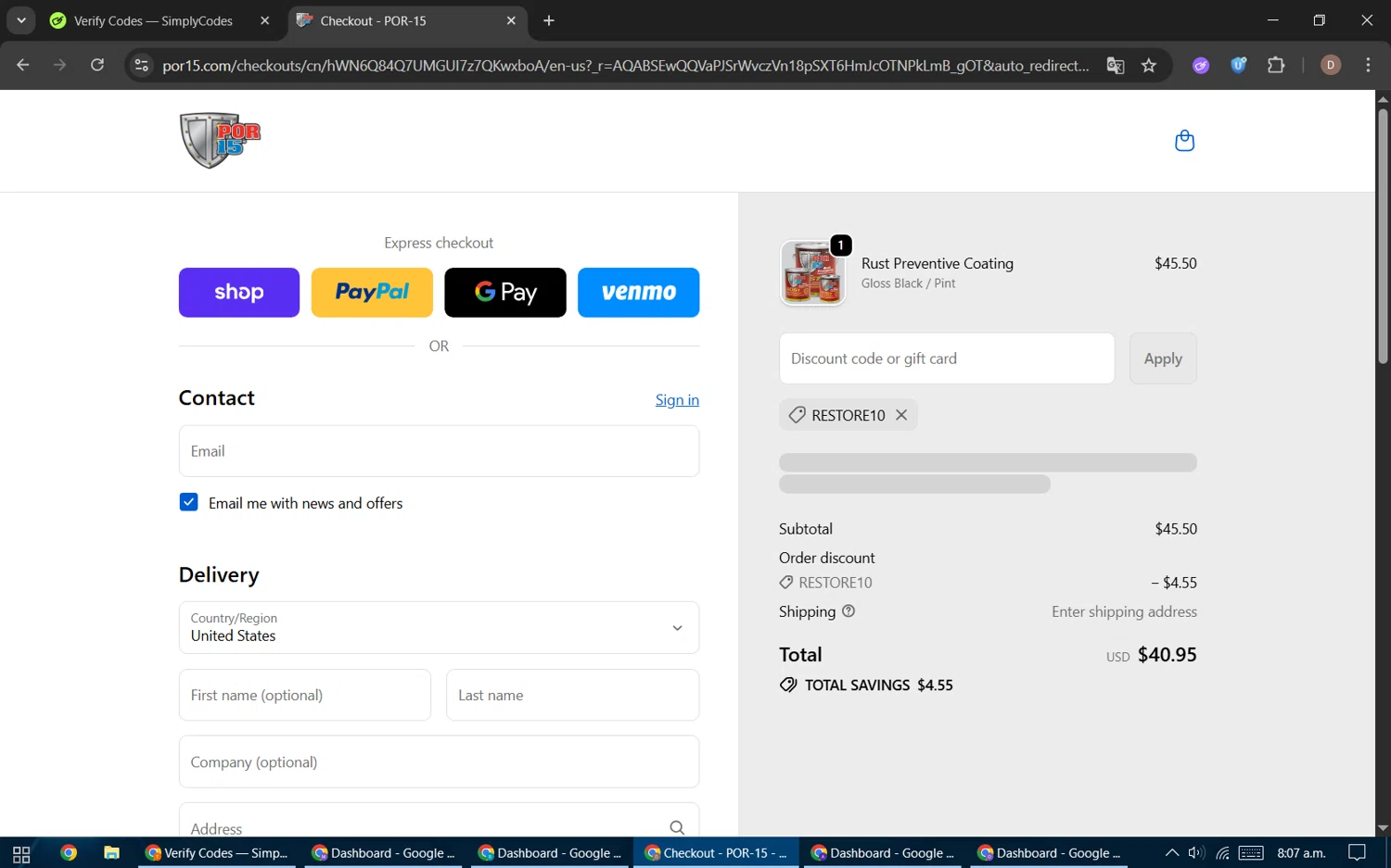 POR-15 discount code screenshot showing code RESTORE10 applied at POR-15 checkout page. Uploaded by SimplyCodes community member BrilliantWizard8884 on Dec 14, 2025