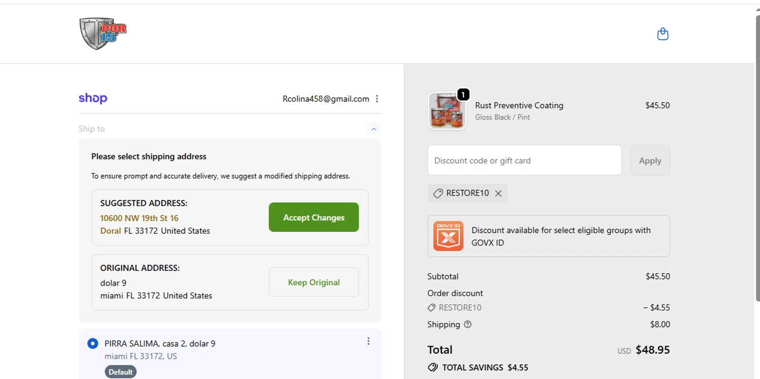 POR-15 discount code screenshot showing code RESTORE10 applied at POR-15 checkout page. Uploaded by SimplyCodes community member MightyMaven4946 on Dec 8, 2025