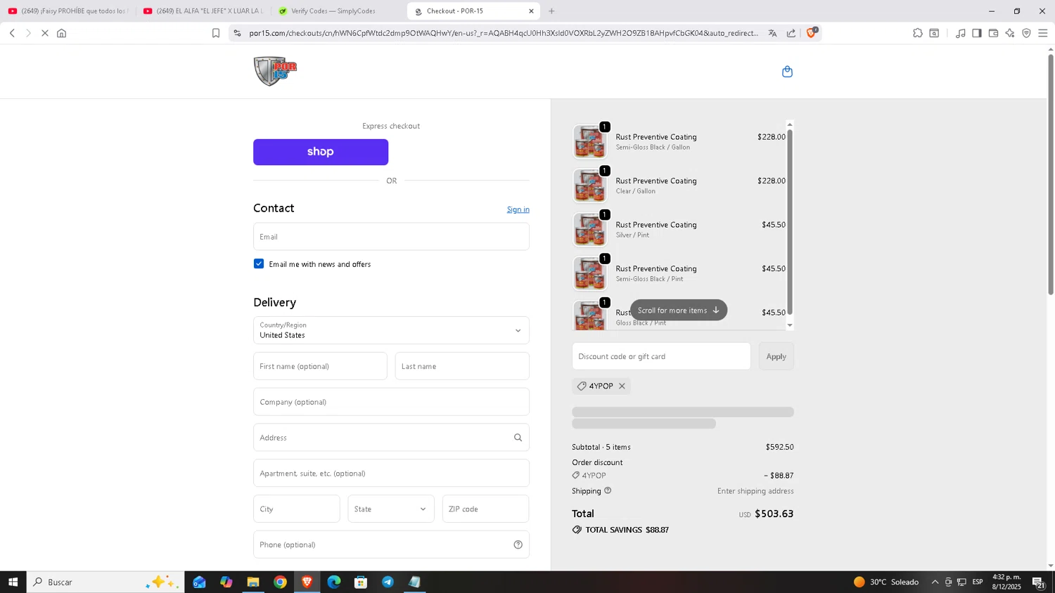 POR-15 discount code screenshot showing code 4ypop applied at POR-15 checkout page. Uploaded by SimplyCodes community member Carloscoder_900457733 on Dec 8, 2025