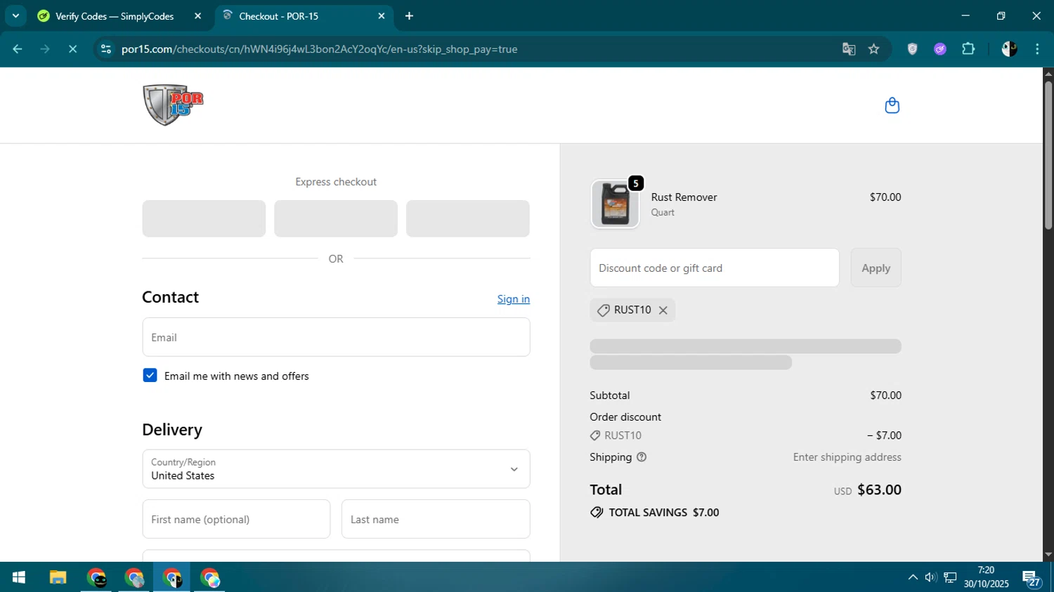 POR-15 discount code screenshot showing code RUST10 applied at POR-15 checkout page. Uploaded by SimplyCodes community member CleverSage9163 on Oct 30, 2025